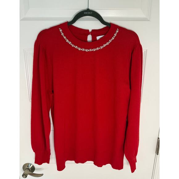 Liz Claiborne XL Red Sweater Pearl Rhinestone Neckline Long Sleeve Holiday Top - Picture 1 of 8